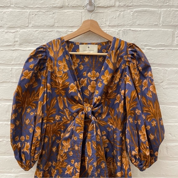 Eugenia Fernandez || Puff Sleeve Tie Front Keyhole Floral Mini Dress Large - Picture 2 of 8